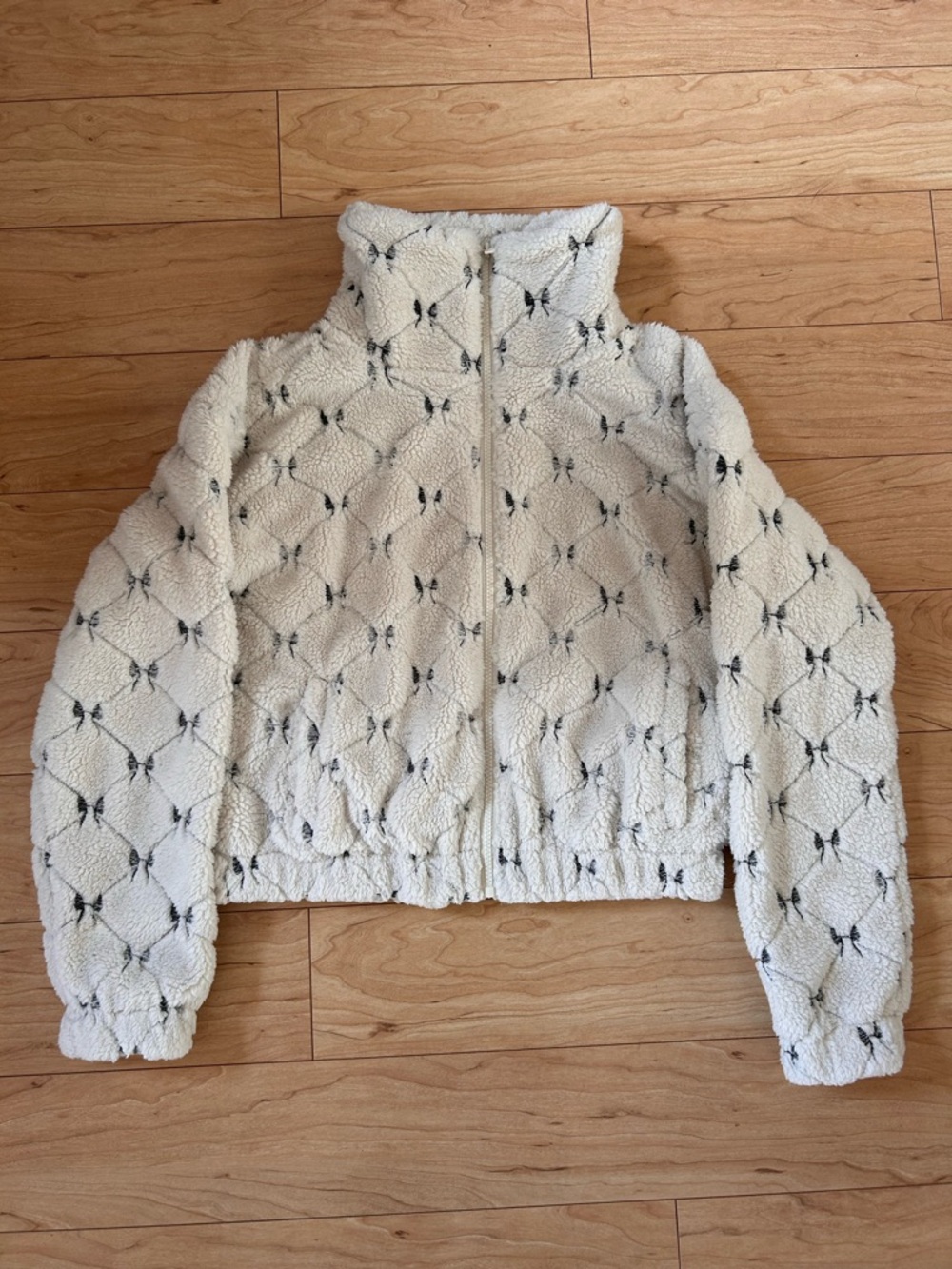 Thread & Supply Ivory Sherpa Zip Jacket with Black Diamond Accents